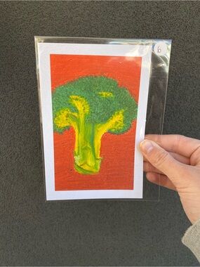 Oil pastel Broccoli Art Print - Green on Red